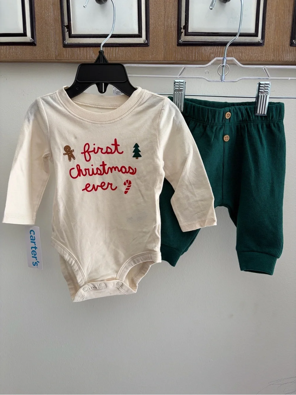 Carter's Cream 'First Christmas Ever' Bodysuit with Green Knit Joggers